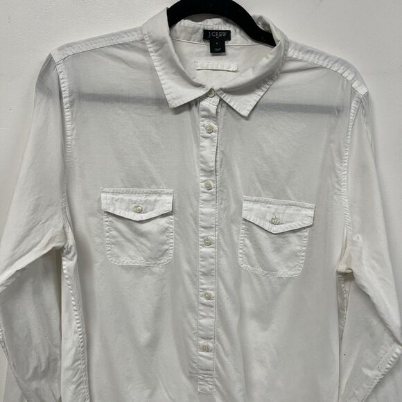 J Crew Chambray Pocket Tunic Womens Size L White Button Up Shirt Collared Work - Picture 2 of 13